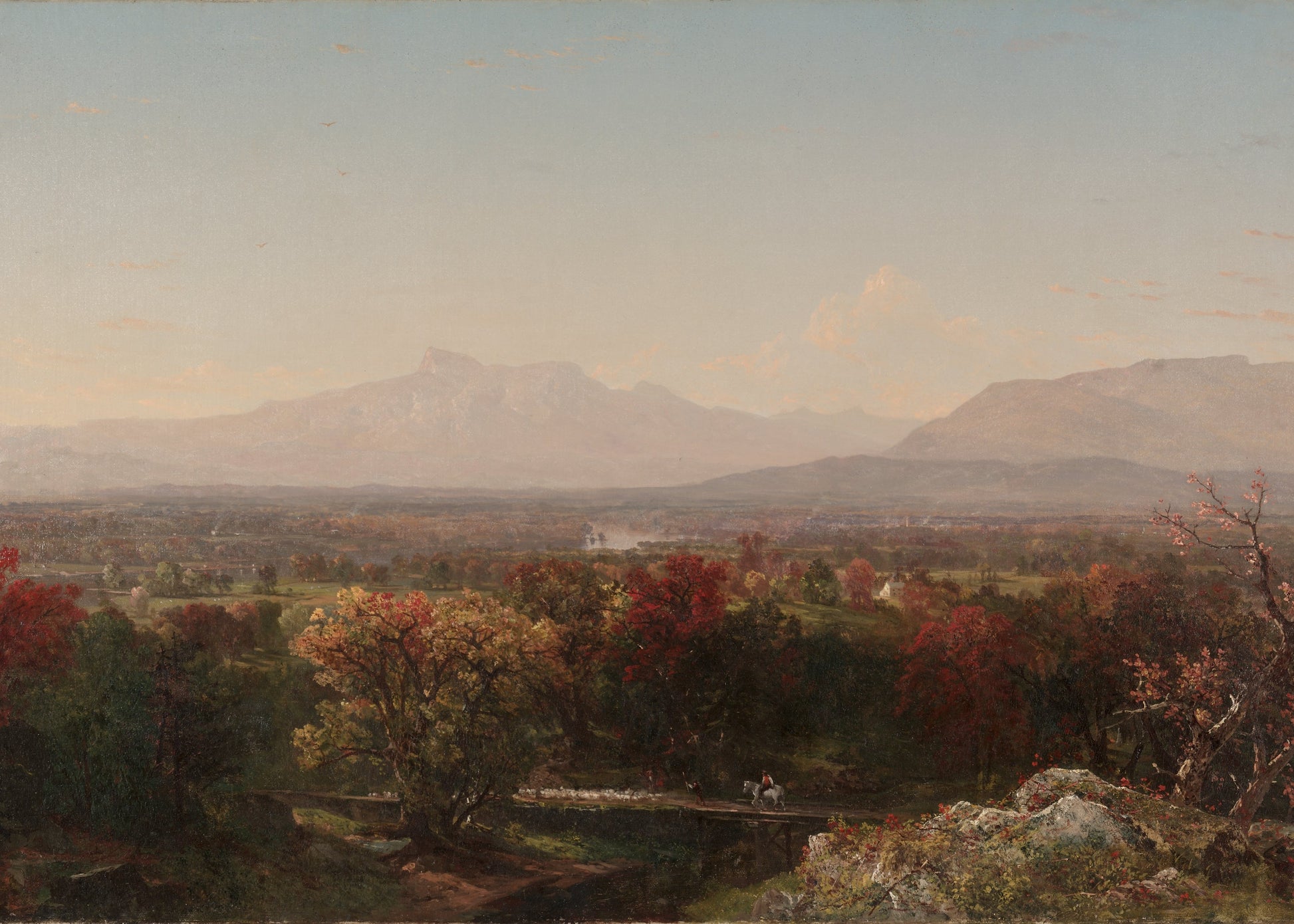 Landscape painting of a valley with trees and mountains in the background