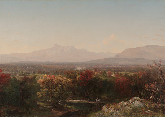 Landscape painting of a valley with trees and mountains in the background
