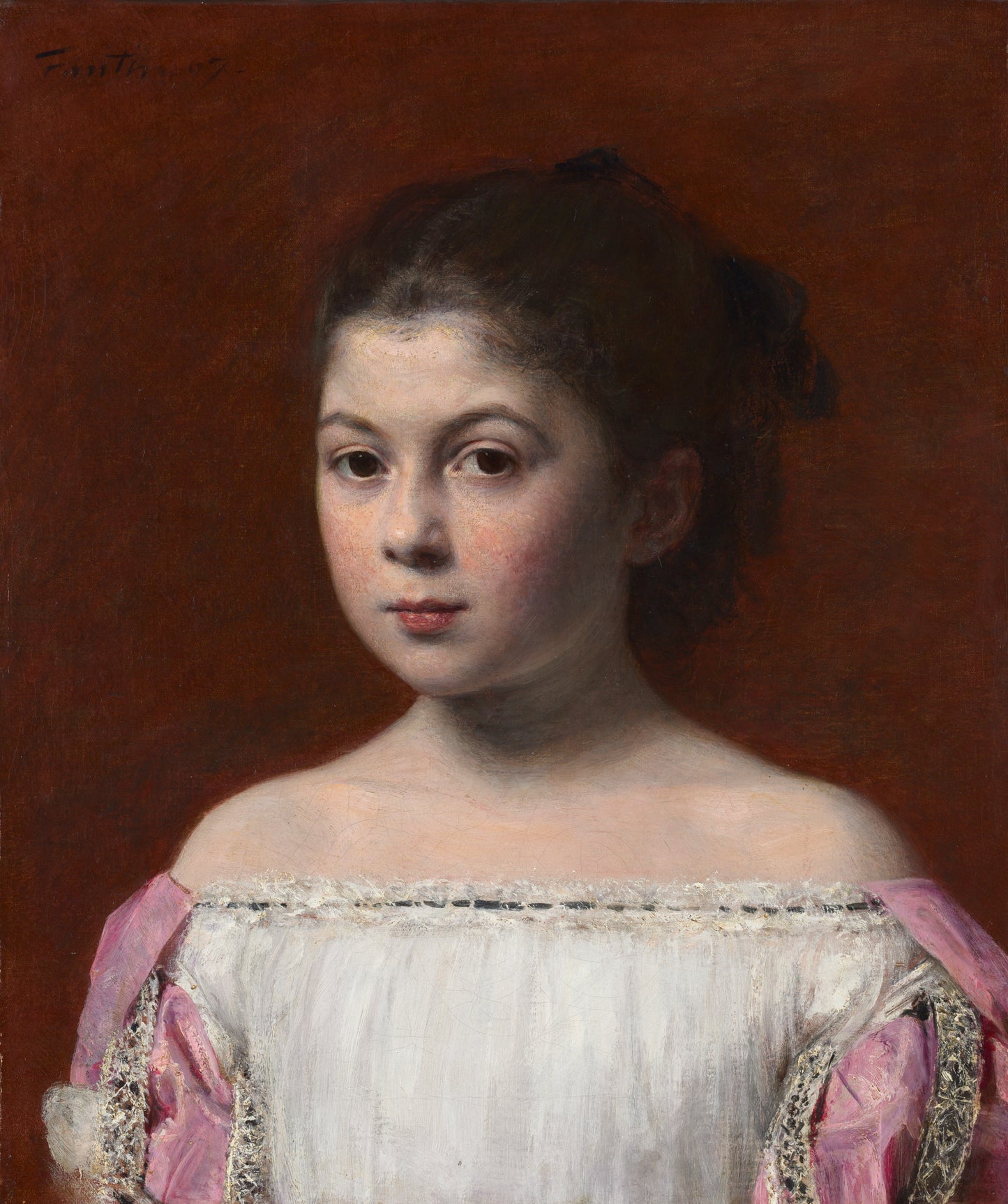 Portrait of a young girl in a white and pink dress against a red-brown background