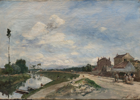 Painting of a canal scene with buildings and people in the background