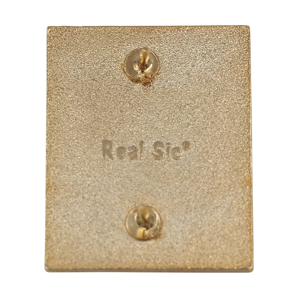 Gold earring display card with 'Real Sic' branding on a white background