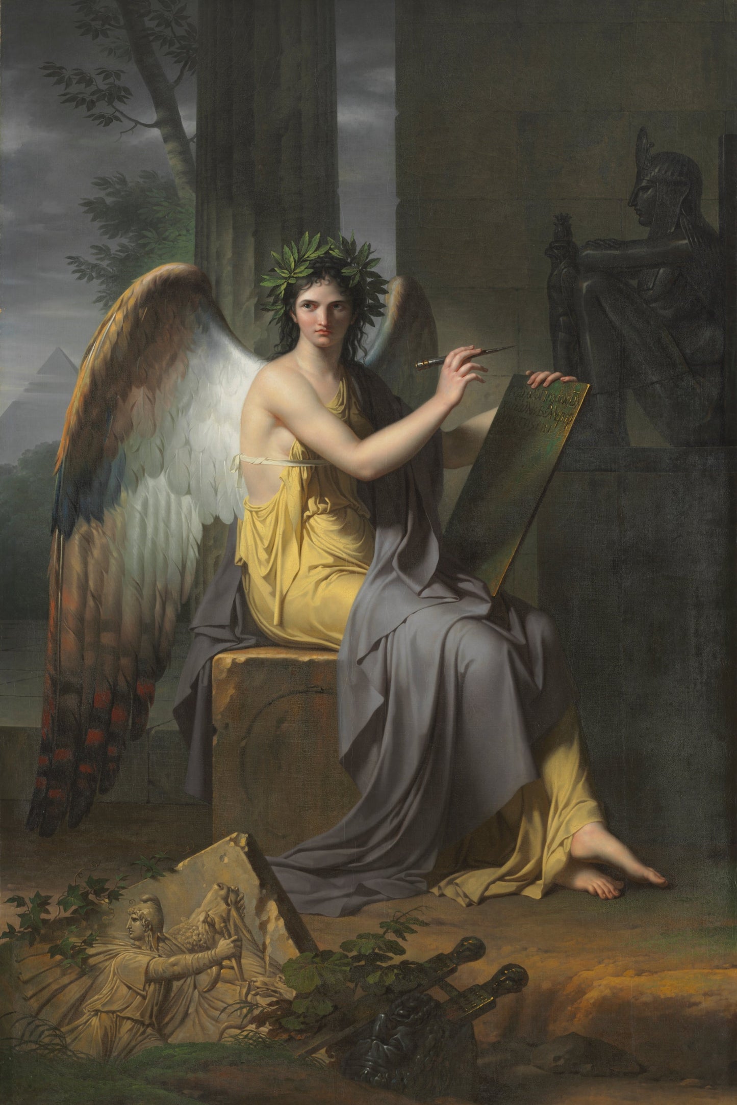  classical painting of an angel with wings and a laurel wreath, sitting on a pedestal.
