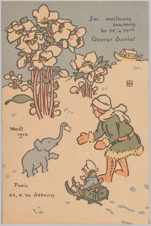 Vintage New Year's card with illustrations of a child, elephant, and flowers on a beige background.