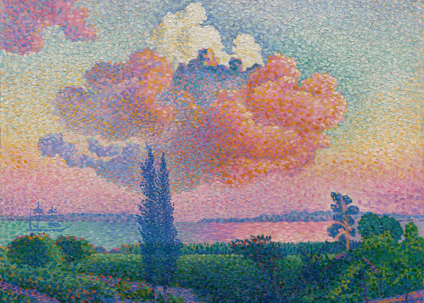Pointillist landscape with trees and a river under a colorful sky.