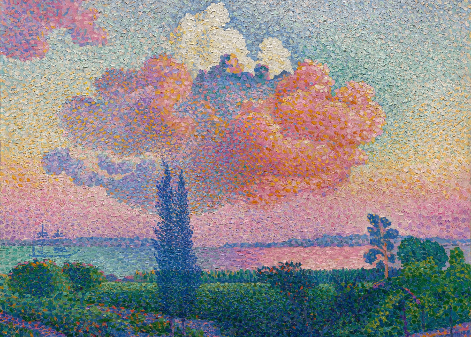 Pointillist landscape with trees and a river under a colorful sky.