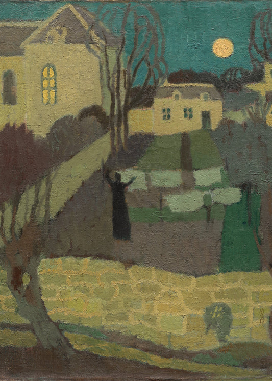 Artistic depiction of a person standing in a garden with buildings in the background