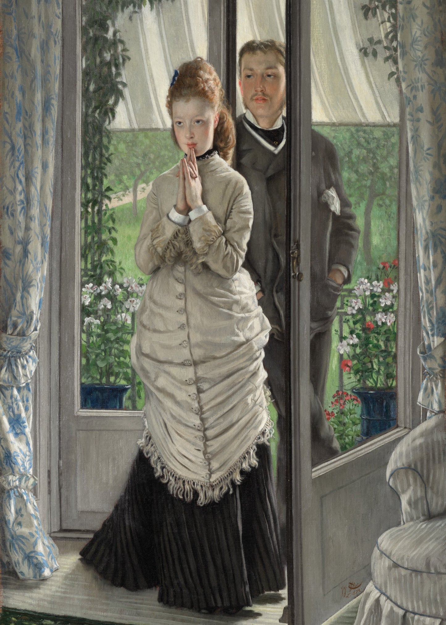 Two people standing in a doorway with floral garden view, classical painting style.