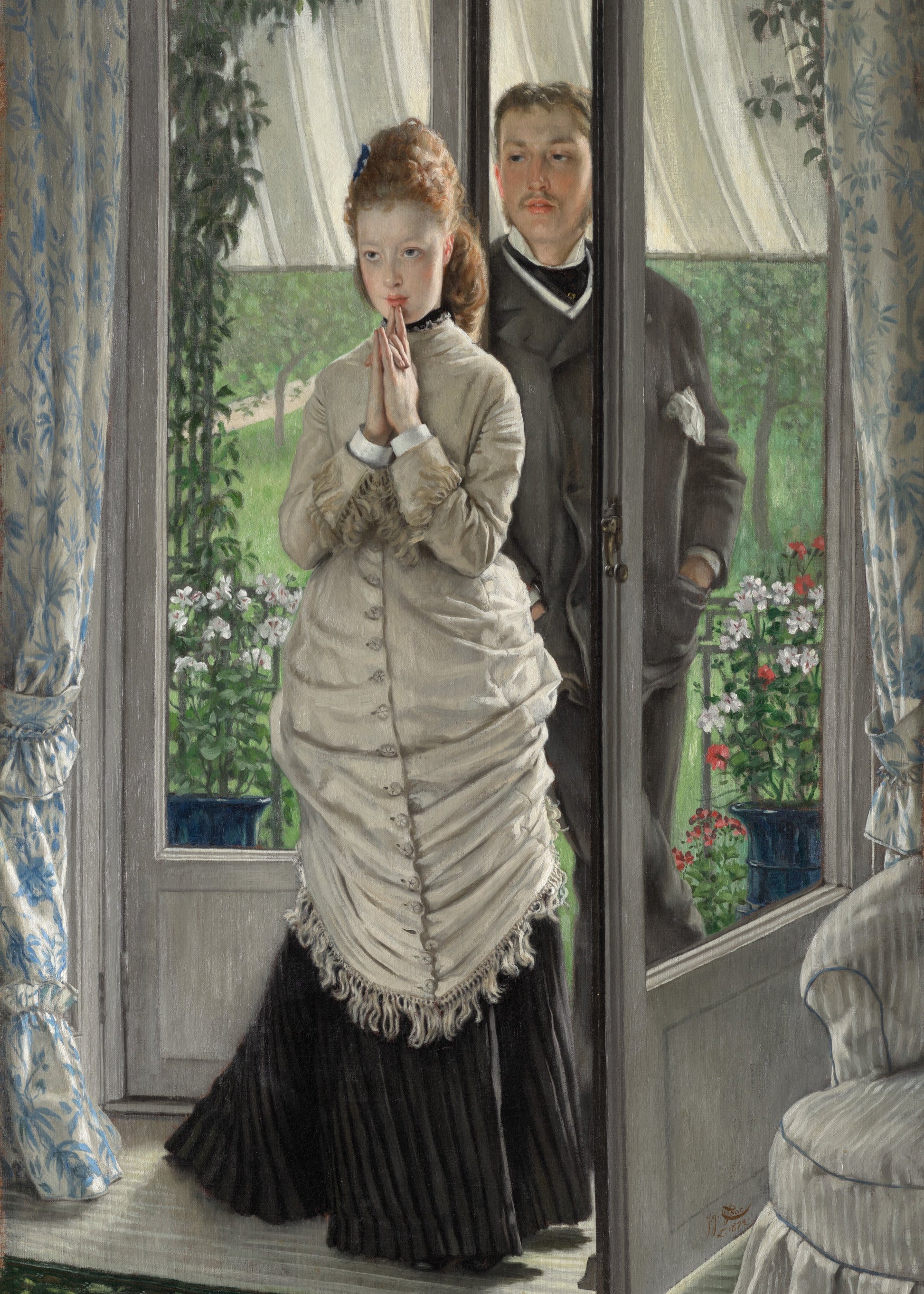 Two people standing in a doorway with floral garden view, classical painting style.