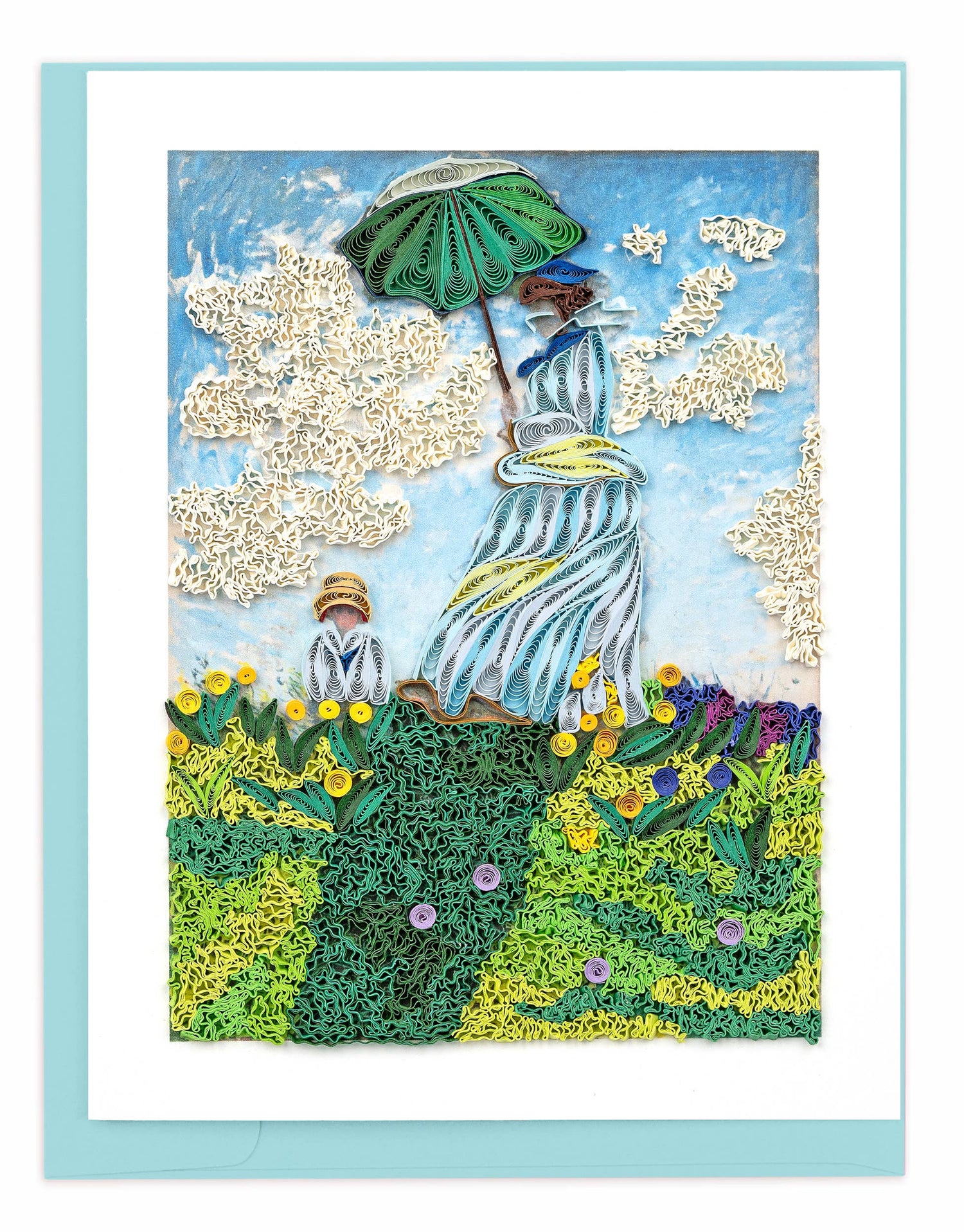 Artistic depiction of a woman with an umbrella and child in a garden setting