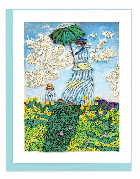 Artistic depiction of a woman with an umbrella and child in a garden setting