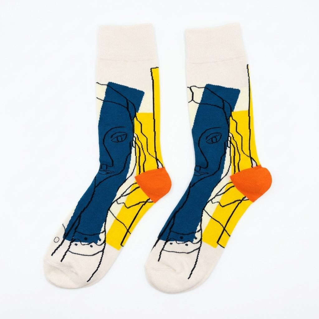 Pair of socks with abstract design on a white background