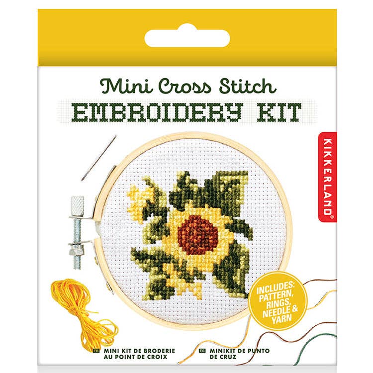 Kikkerland Mini Cross Stitch Embroidery Kit packaging with sunflower design