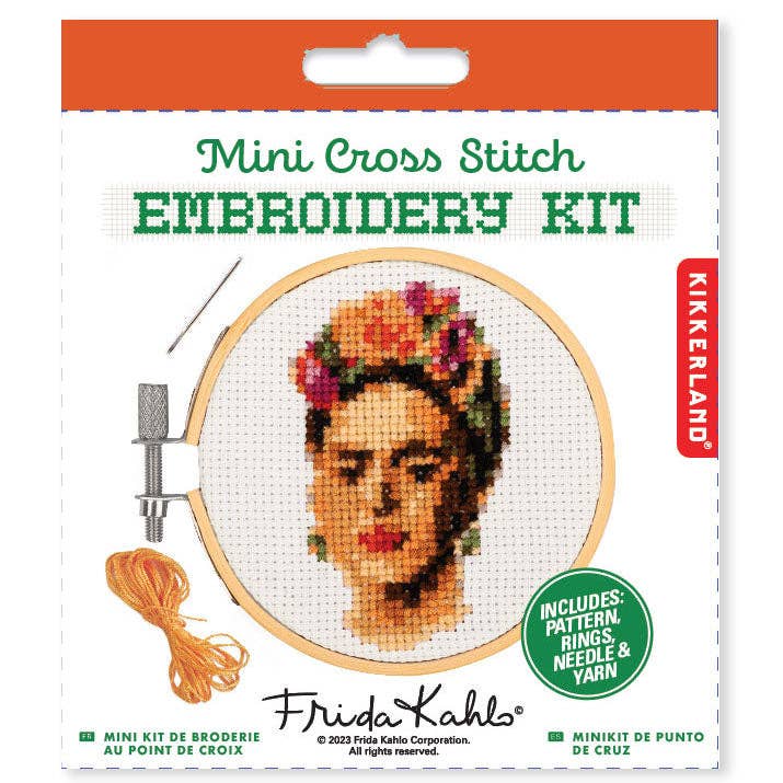Kikkerland Frida Kahlo mini cross stitch embroidery kit packaging