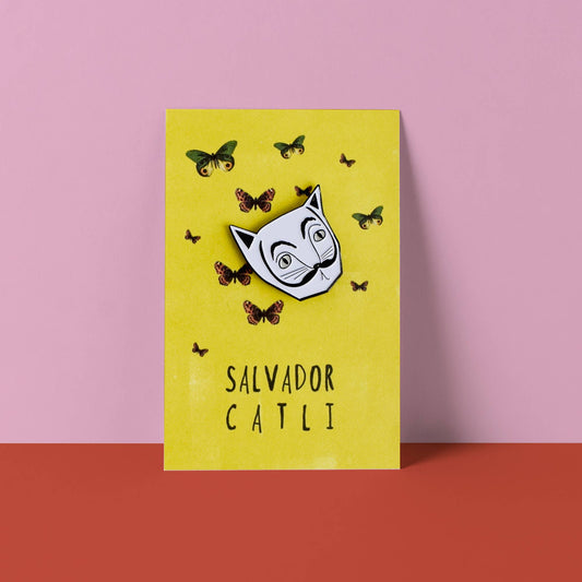 Yellow card with a white mask and butterflies on a pink and red background