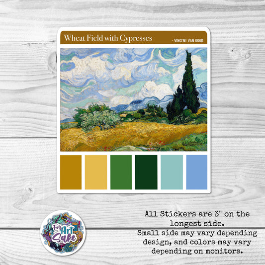Sticker of Van Gogh's 'Wheat Field with Cypresses' on a wooden surface with color swatches and branding.