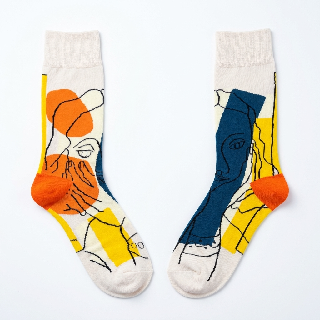 Picasso Collection – Blue & Yellow Line Art Abstract Face Crew Socks