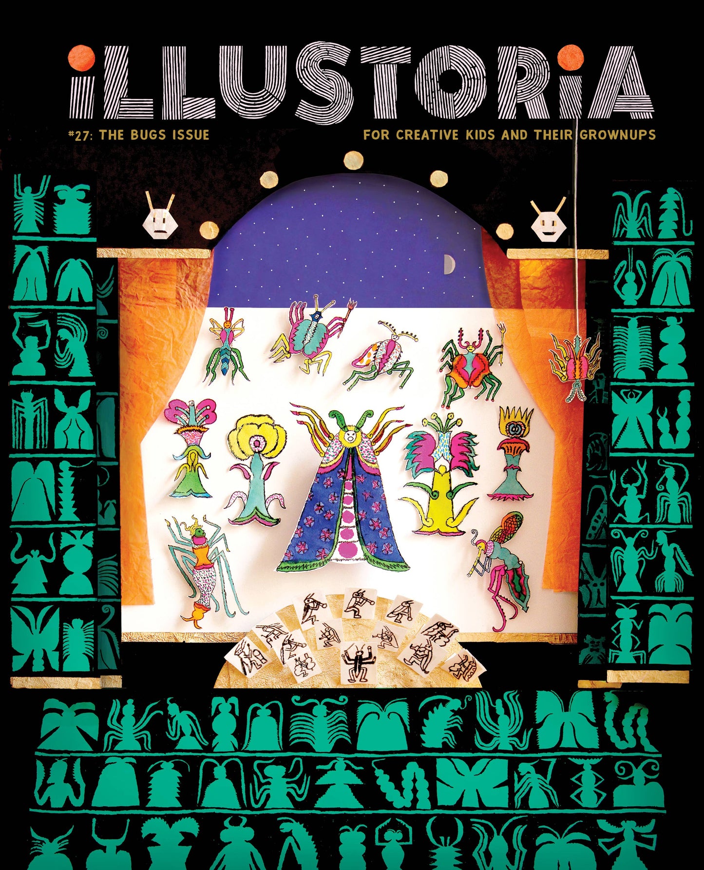 Cover of 'Illustoria' magazine featuring colorful illustrations and a stage-like design.