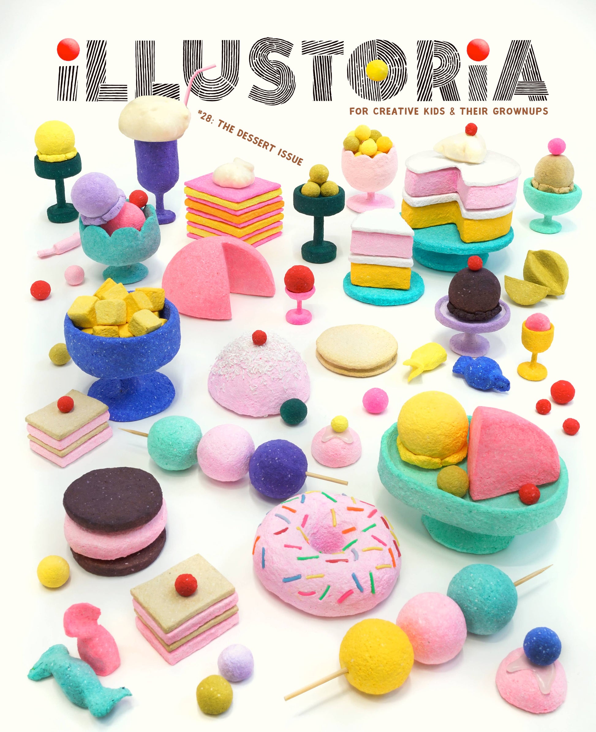 Magazine cover titled 'Illustroria' with colorful dessert-themed illustrations on a white background.