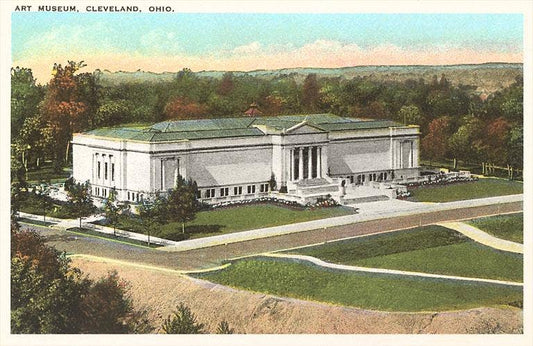 A vintage postcard depicting the Art Museum in Cleveland, Ohio, featuring an illustration of the building and surrounding landscape.