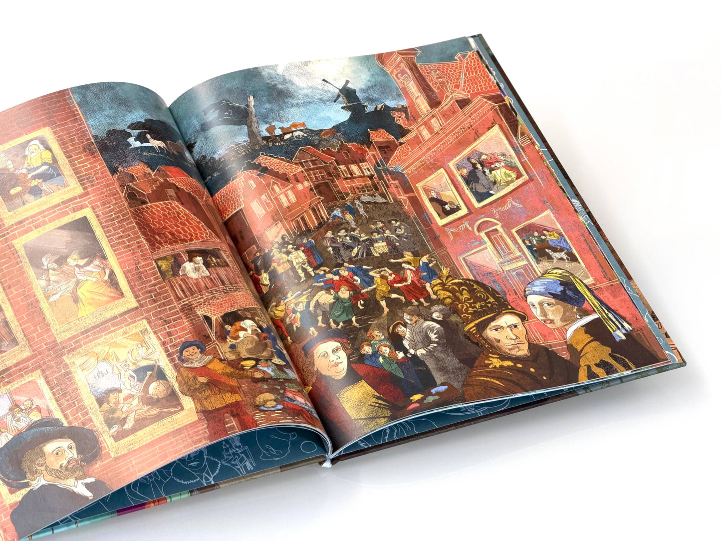 Open book with detailed illustrations of a historical scene on a white background
