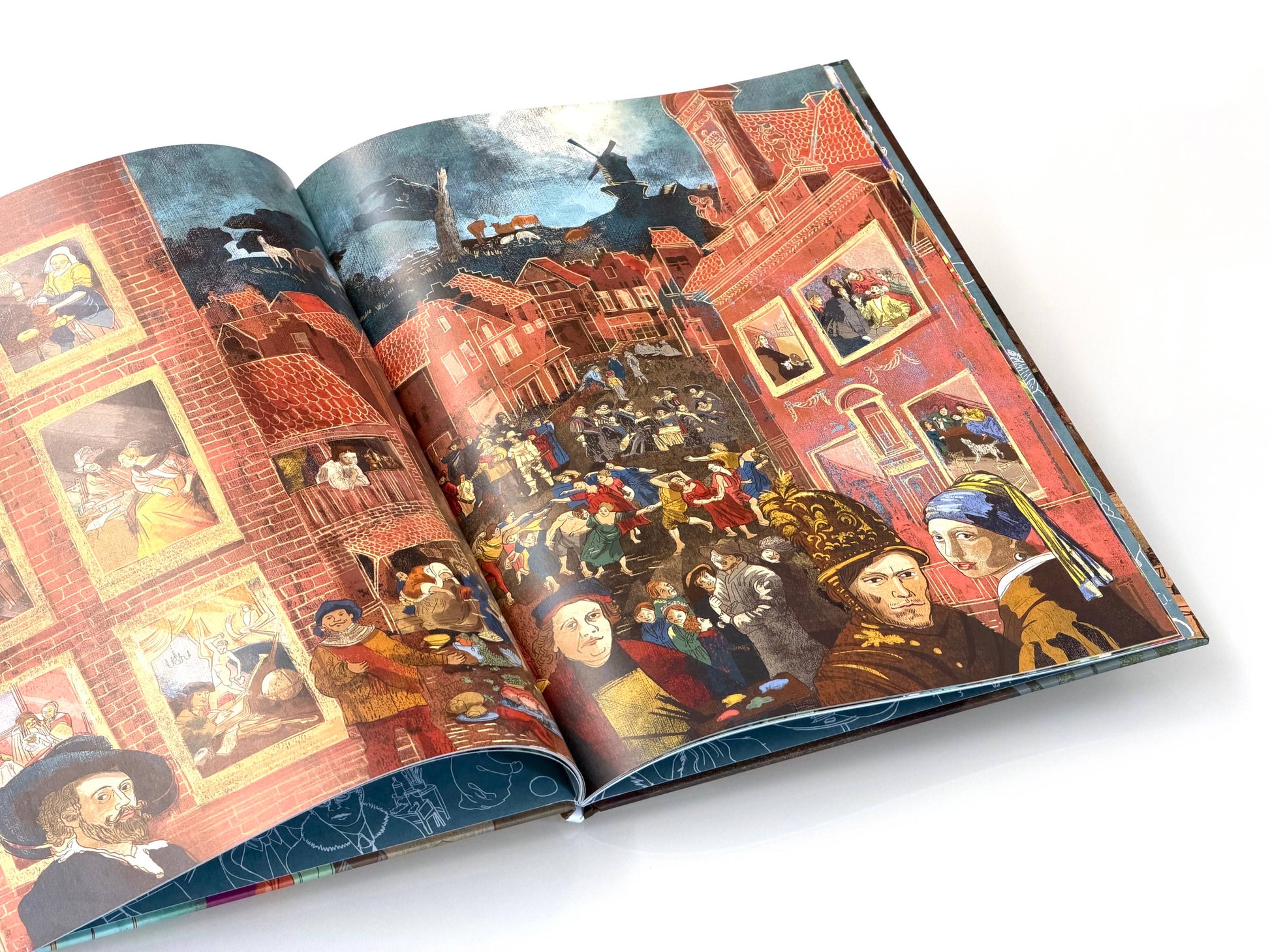 Open book with detailed illustrations of a historical scene on a white background