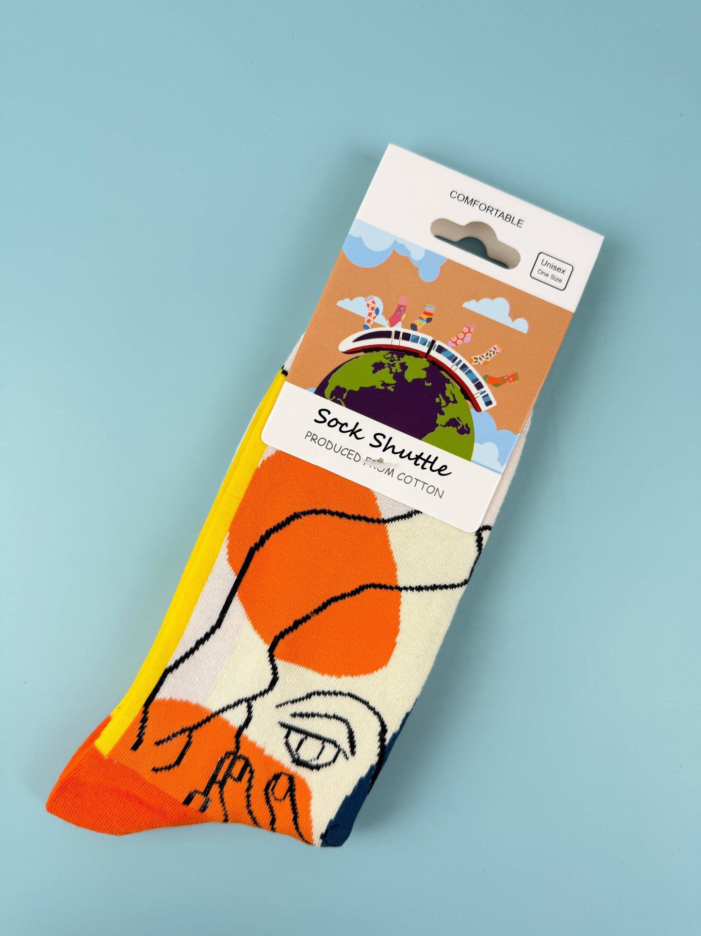 Picasso Collection – Blue & Yellow Line Art Abstract Face Crew Socks