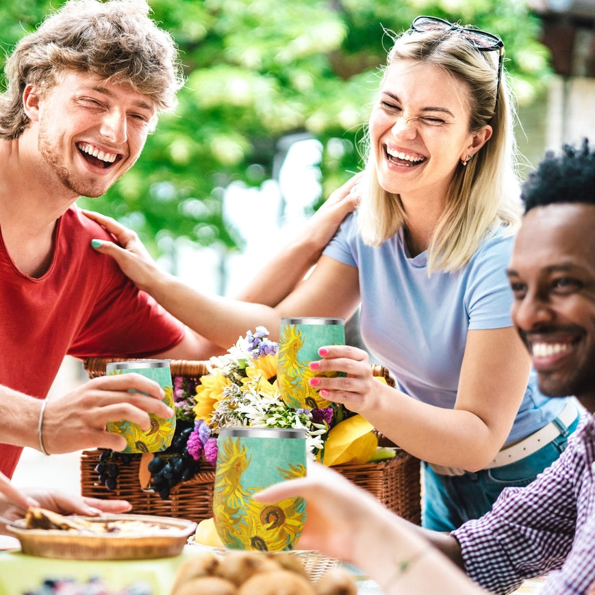 12 oz Stemless Wine Tumbler - Van Gogh "Sunflowers" - Silver Rim