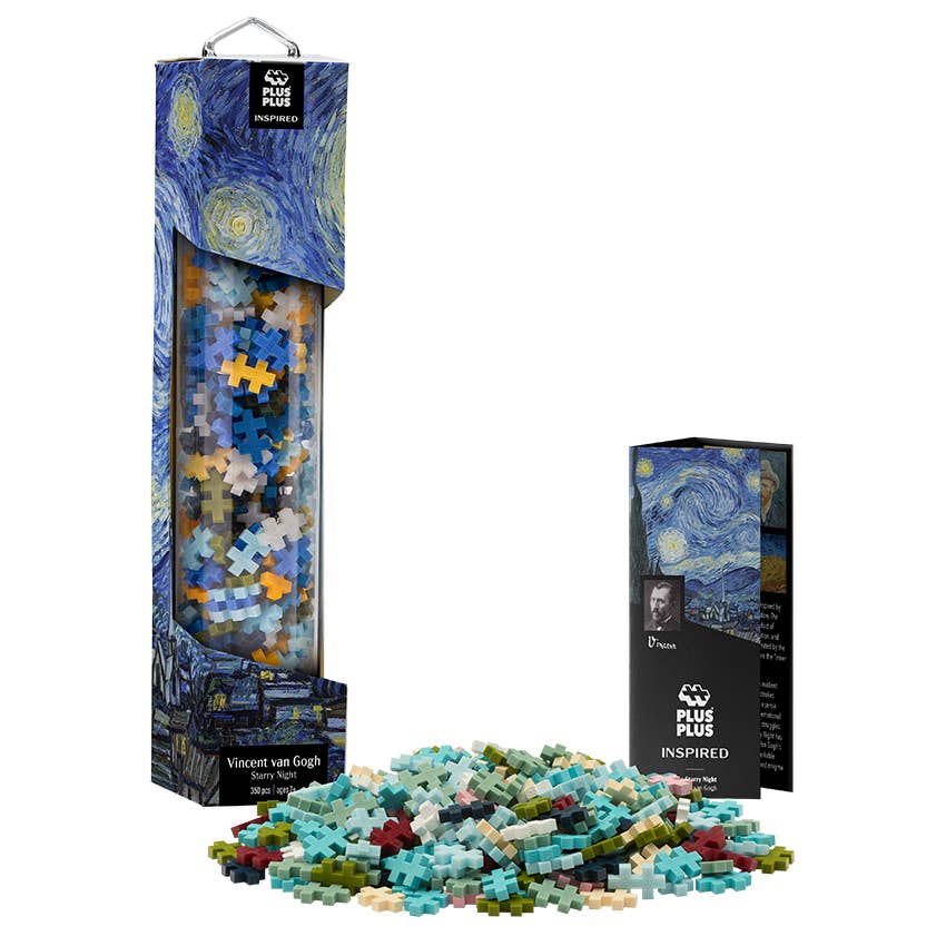 Puzzle set with 'The Starry Night' design, including packaging and pieces on a white background