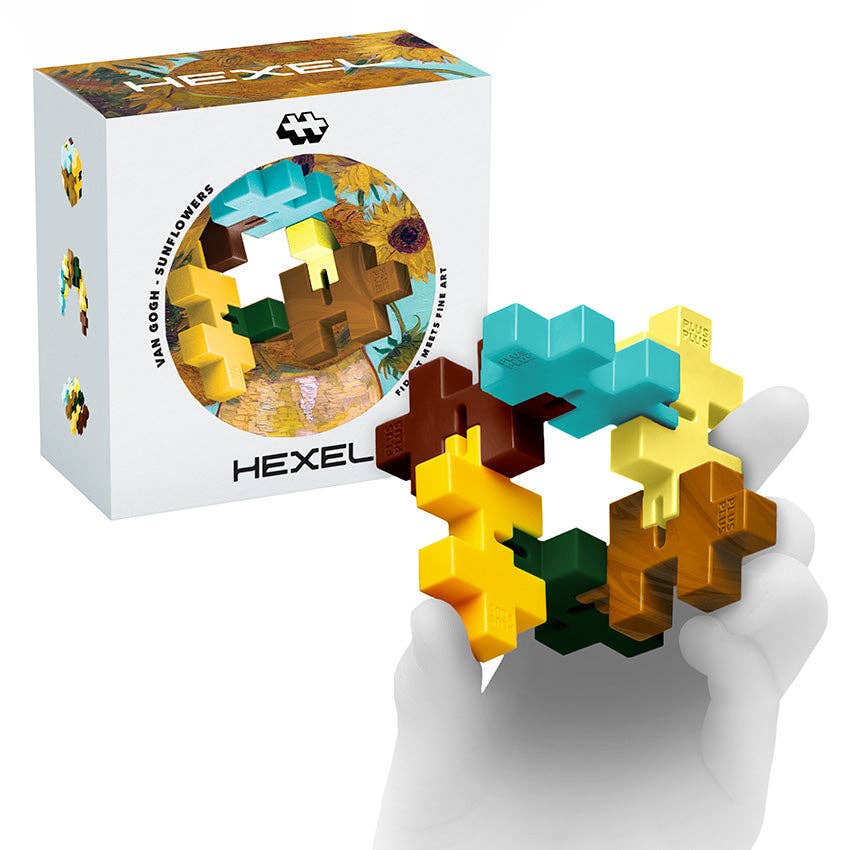 Hexel puzzle pieces in front of its packaging