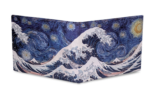 Product packaging with a design inspired by 'The Starry Night' and 'The Great Wave off Kanagawa'.