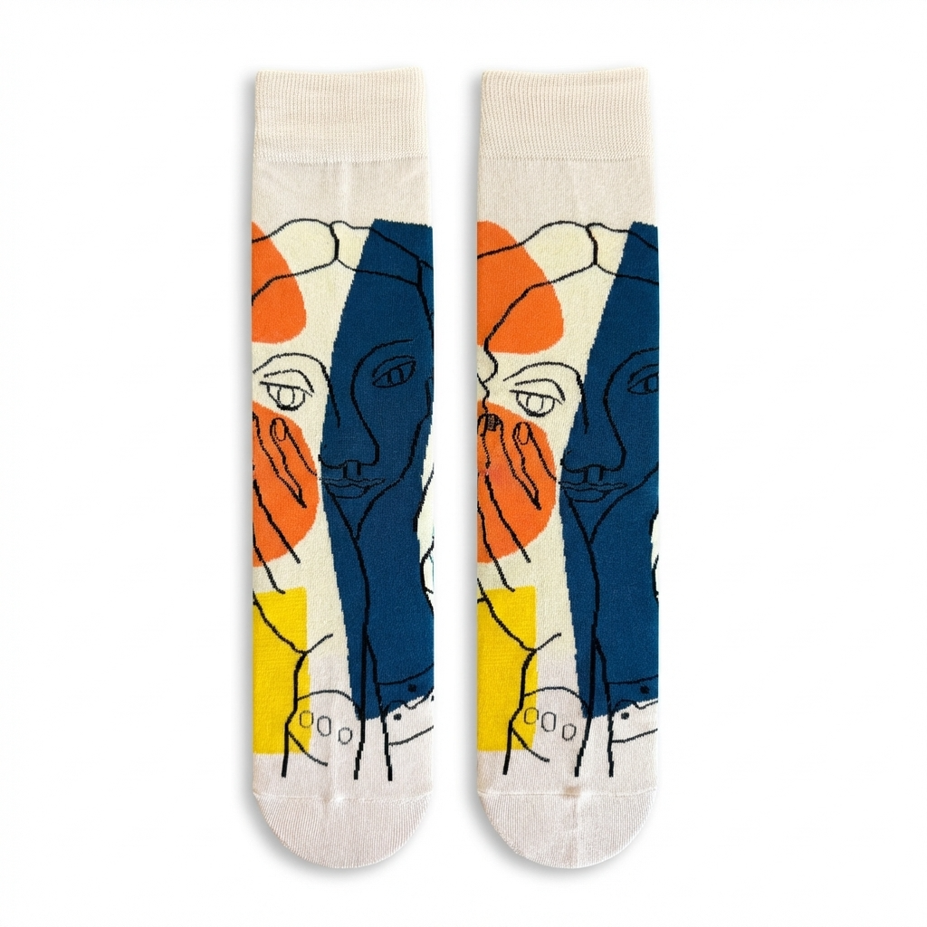 Picasso Collection – Blue & Yellow Line Art Abstract Face Crew Socks