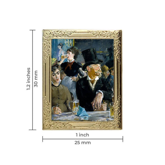 Framed painting of a social scene with dimensions displayed