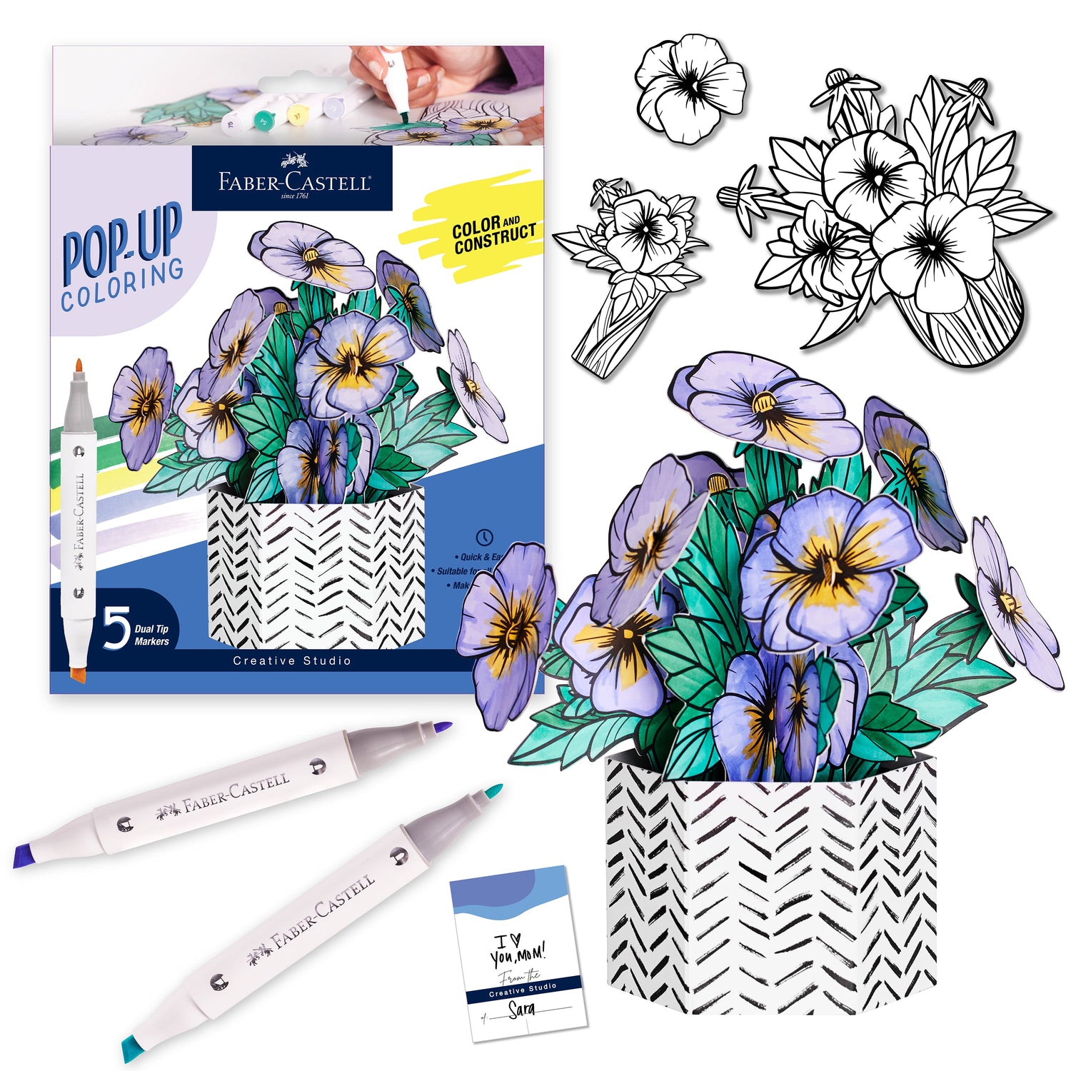 A coloring book and craft kit for creating a 3D pop-up flower bouquet. The image shows the completed bouquet, a box of the kit, and dual-tip markers.