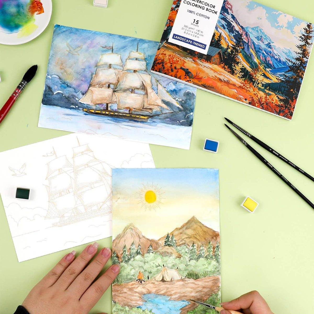 15 Sheets 140LB Landscape-Themed Watercolor Coloring Book