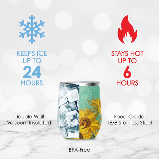 12 oz Stemless Wine Tumbler - Van Gogh "Sunflowers" - Silver Rim