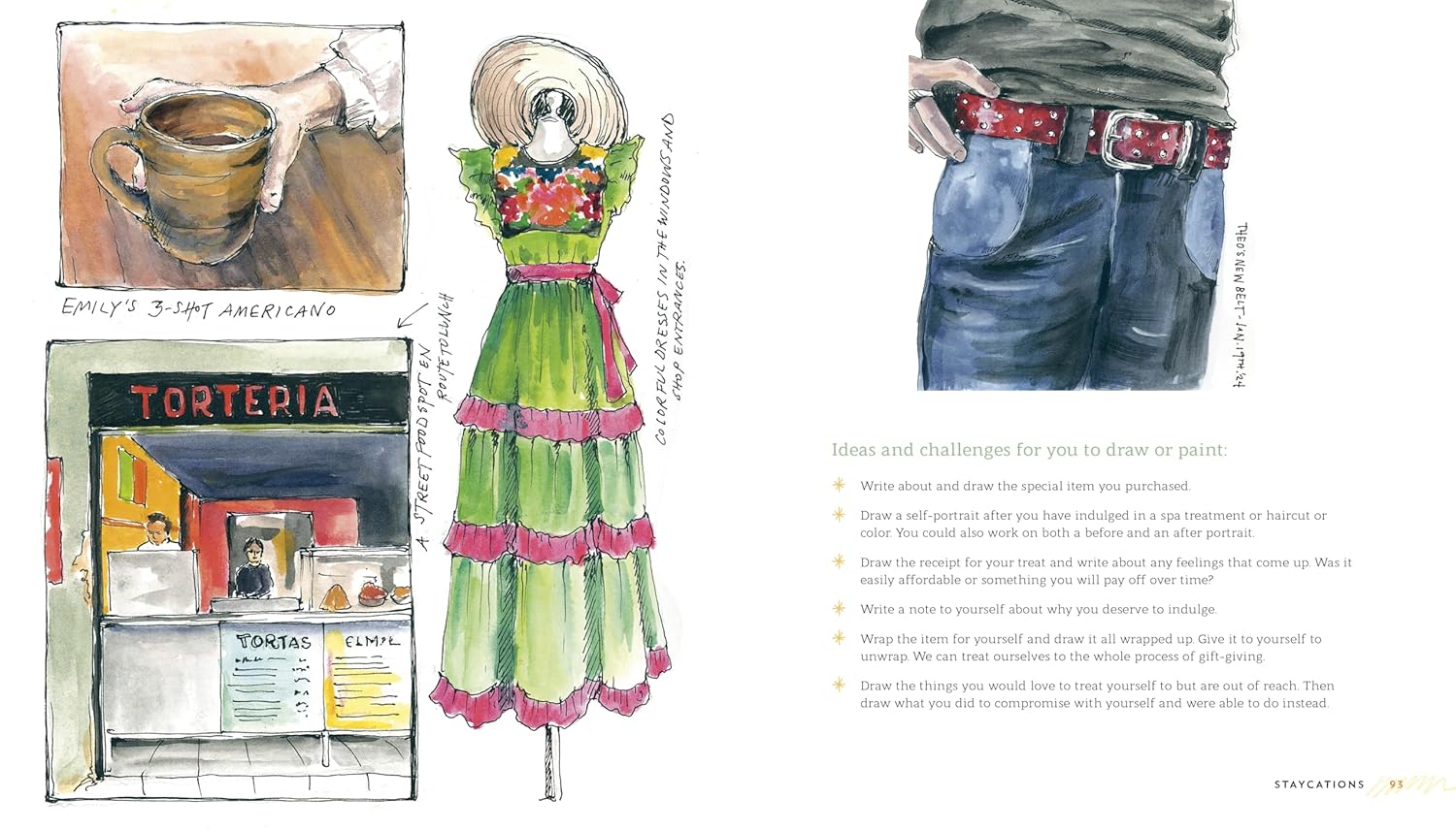 Illustrated page from a book showing a dress, a coffee cup, and a torteria sign.