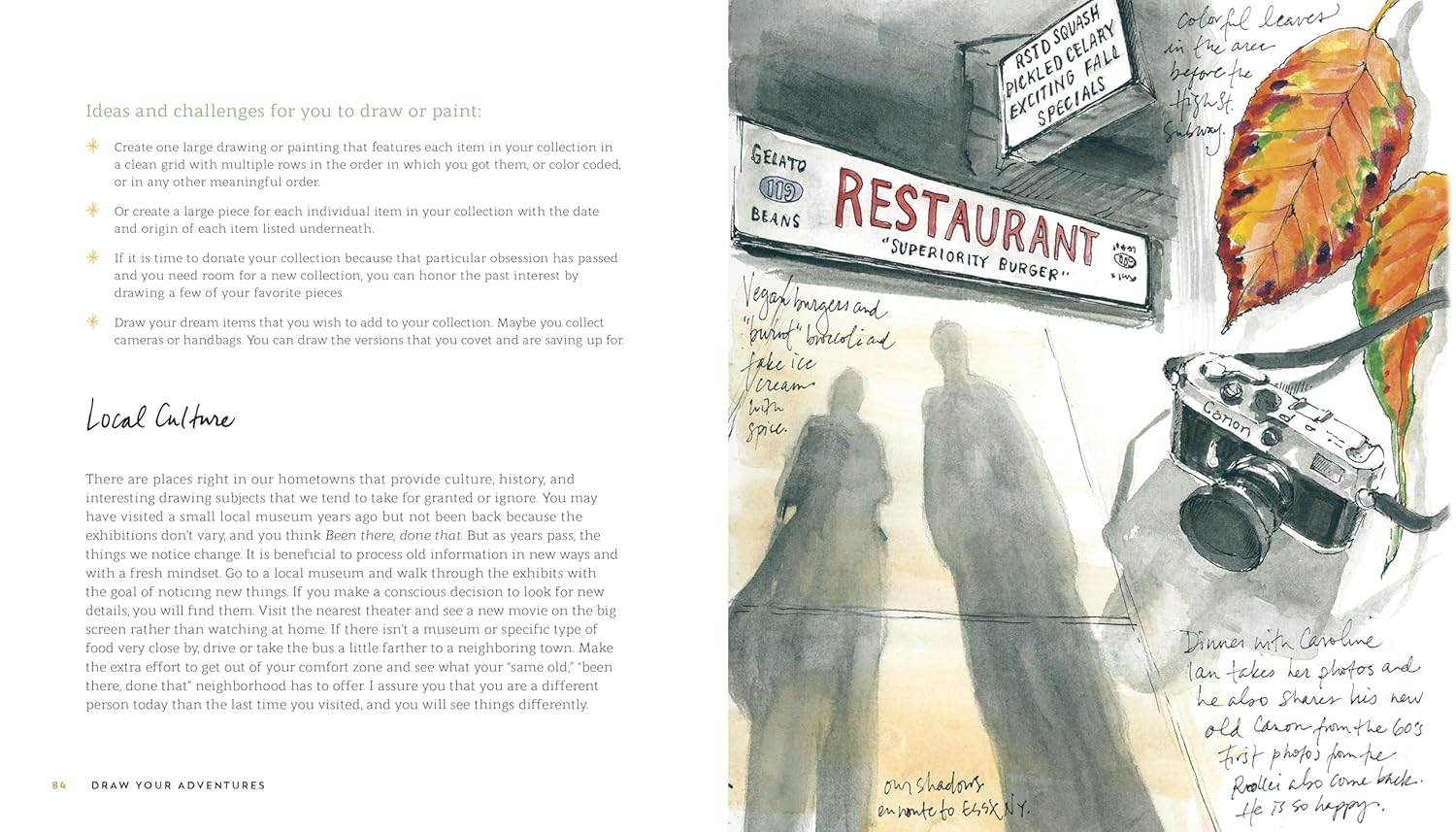 Page from a book with text, illustration of two people walking, and a restaurant sign.