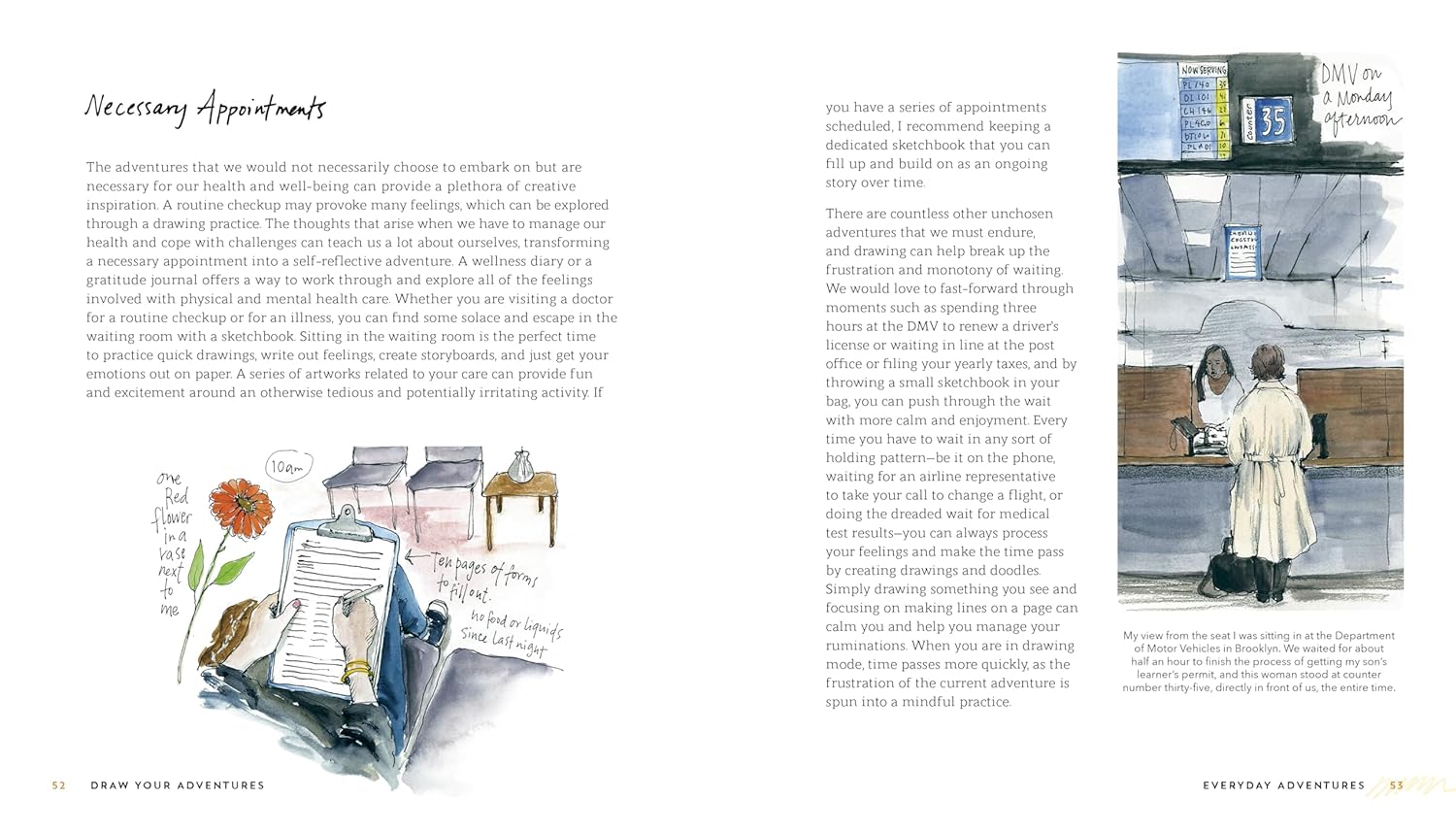Book interior with text and illustrations of a doctor's office.