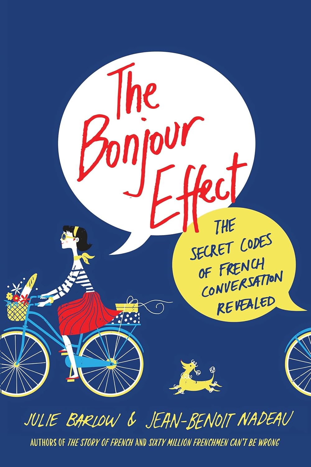 Book cover of 'The Bonjour Effect' with a woman on a bicycle and speech bubbles.