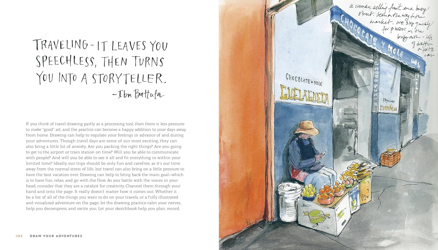 Illustration of a street scene with a shop and person, featuring text about travel and storytelling.
