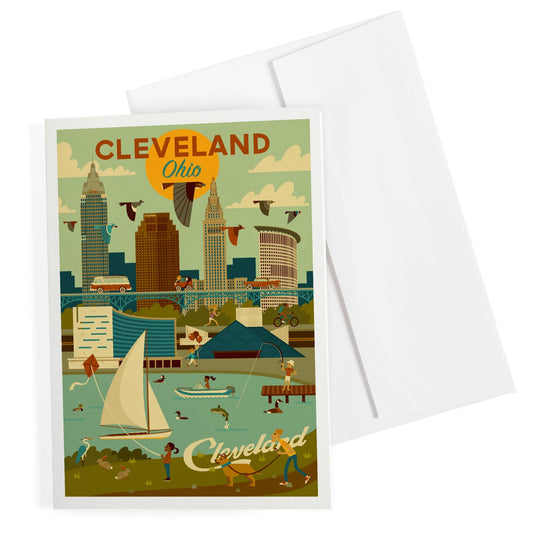 Greeting card with illustration of Cleveland, Ohio skyline and waterfront scene.