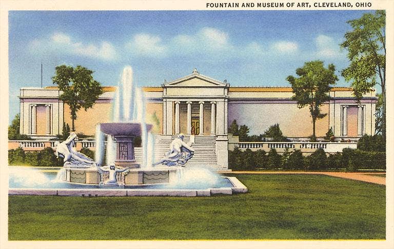 A vintage postcard showing a fountain and museum building, Cleveland, Ohio.