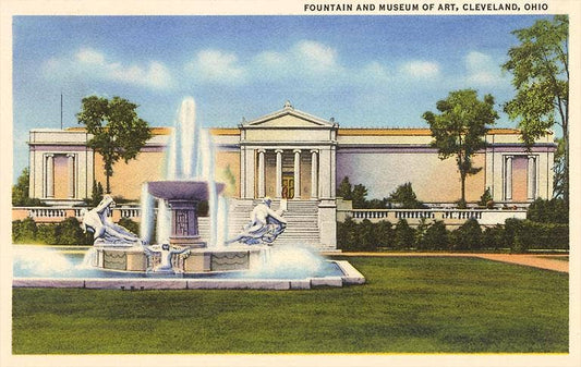 A vintage postcard showing a fountain and museum building, Cleveland, Ohio.
