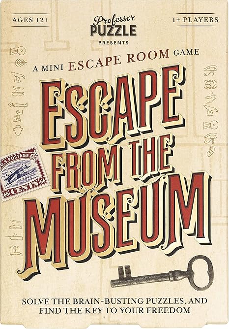 Escape from the Museum game box with vintage design elements and key illustration.
