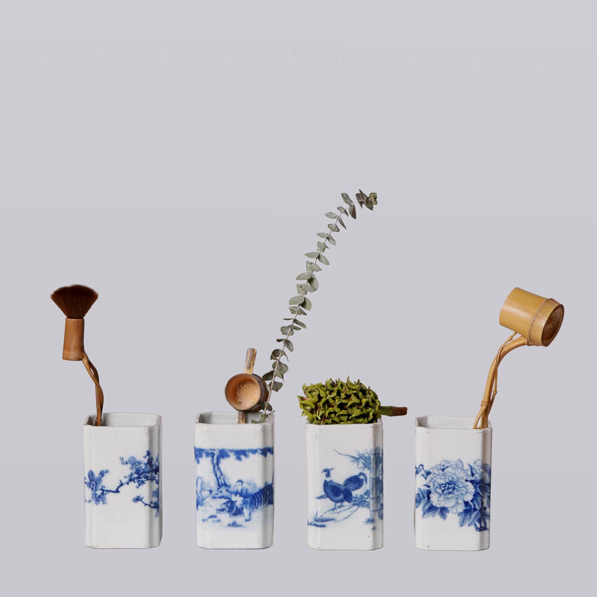 1920s Blue and White Porcelain Pheasant Square Vase