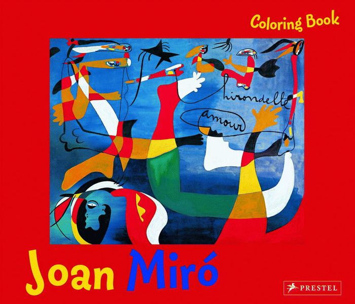 Joan Miro coloring book cover with abstract artwork and colorful design on a red background.