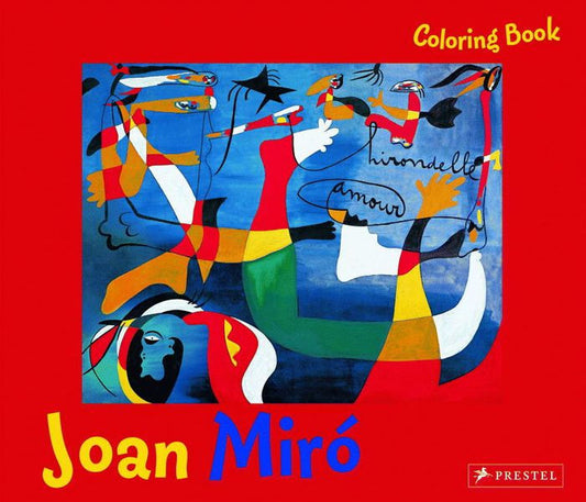 Joan Miro coloring book cover with abstract artwork and colorful design on a red background.