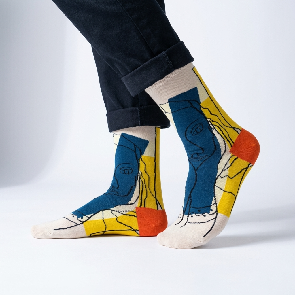 Picasso Collection – Blue & Yellow Line Art Abstract Face Crew Socks