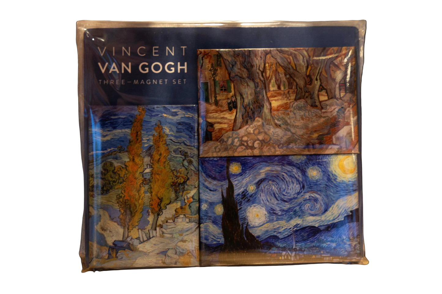 Packaged set of Van Gogh-themed magnets on a blue background