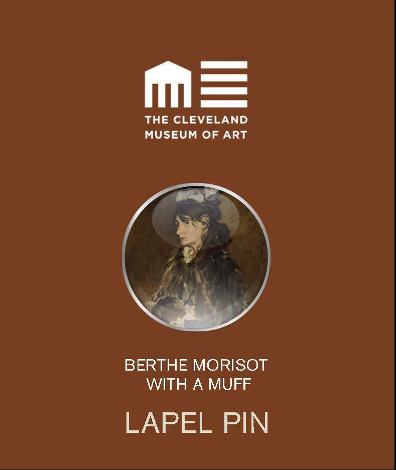 Lapel pin packaging with 'The Cleveland Museum of Art' branding and a depiction of a woman with a muff.